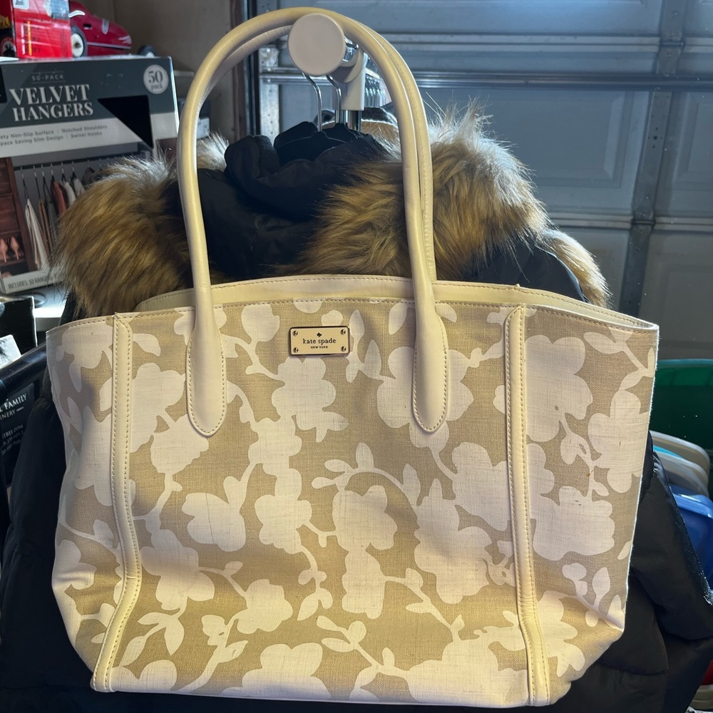 Kate Spade Gray White Leather Canvas Floral Tote Bag